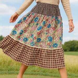 Dandelion Vintage Patchwork Prairie Skirt Size 11 Floral Plaid Cottagecore 80s